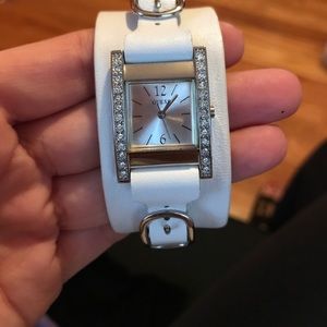 guess white leather band watch